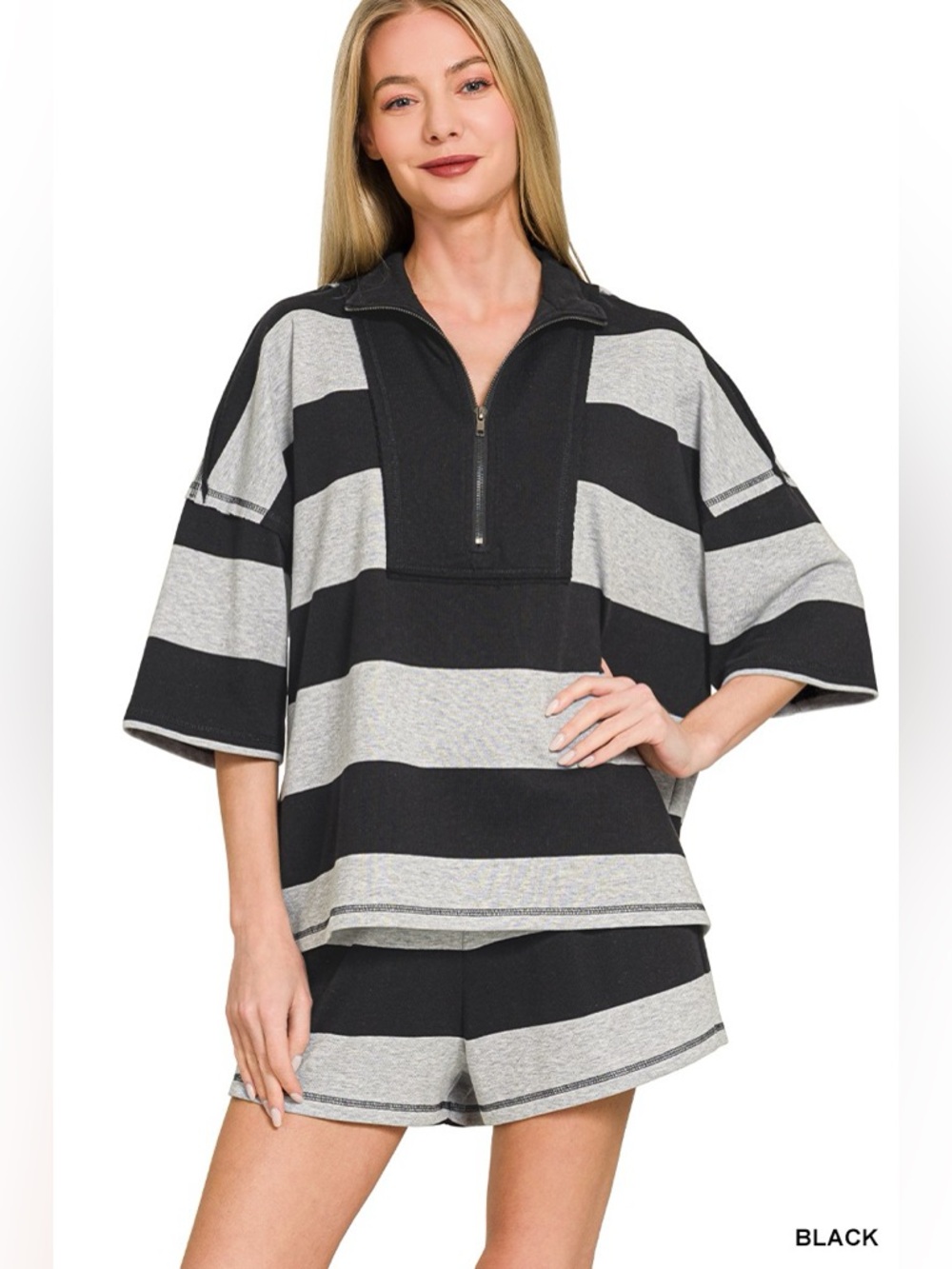 Zenana Frenchterry Striped Half Zip Top & Shorts Set